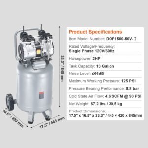 13 gallon air compressor, 2hp 4.6 scfm@90psi oil free air compressor tank, 66db ultra quiet compressor for tire inflation, auto repair, woodwork nailing, spray painting (125psi max pressure)