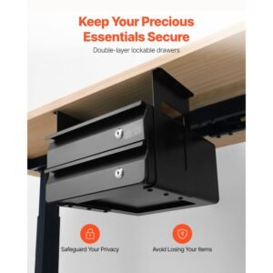 13" wide under desk drawer slide out, under table pull out drawer attachment, hidden desktop 2 layer storage organizer, lockable undermount pencil drawer for sit stand workstation, 14x13x10 in