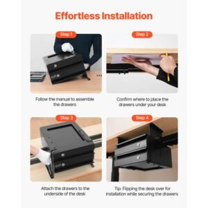 13" wide under desk drawer slide out, under table pull out drawer attachment, hidden desktop 2 layer storage organizer, lockable undermount pencil drawer for sit stand workstation, 14x13x10 in