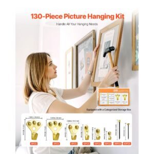 130 Pieces Picture Hanging Kit, 10lb, 20lb, 30lb, 50lb, 75lb and 100lb Picture Hangers, Metal Pictures Hanging Hooks with Nails for Mirror, Painting, Photo Frame on Drywall & Wooden Wall, Gold
