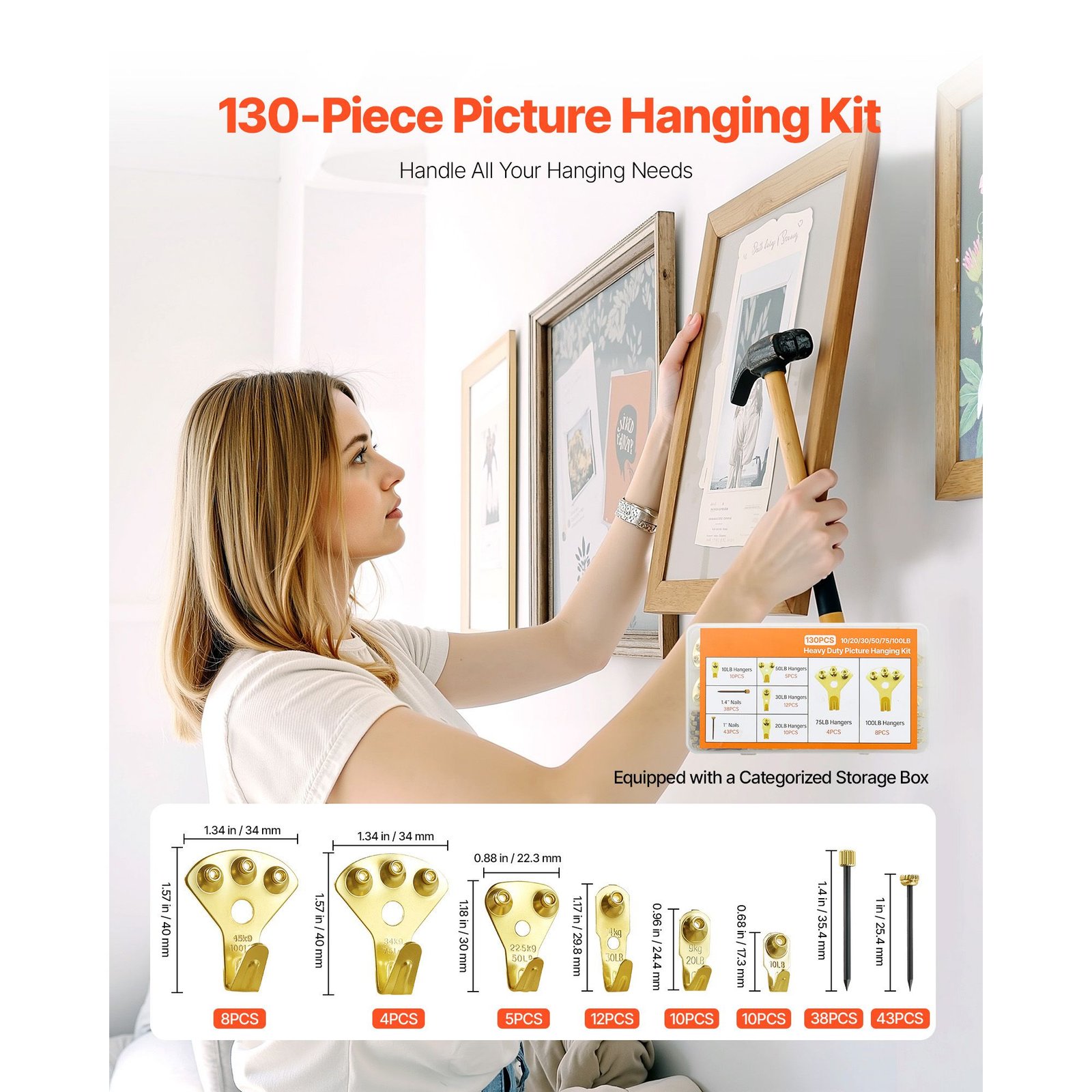 130 pieces picture hanging kit, 10lb, 20lb, 30lb, 50lb, 75lb and 100lb picture hangers, metal pictures hanging hooks with nails for mirror, painting, photo frame on drywall & wooden wall, gold