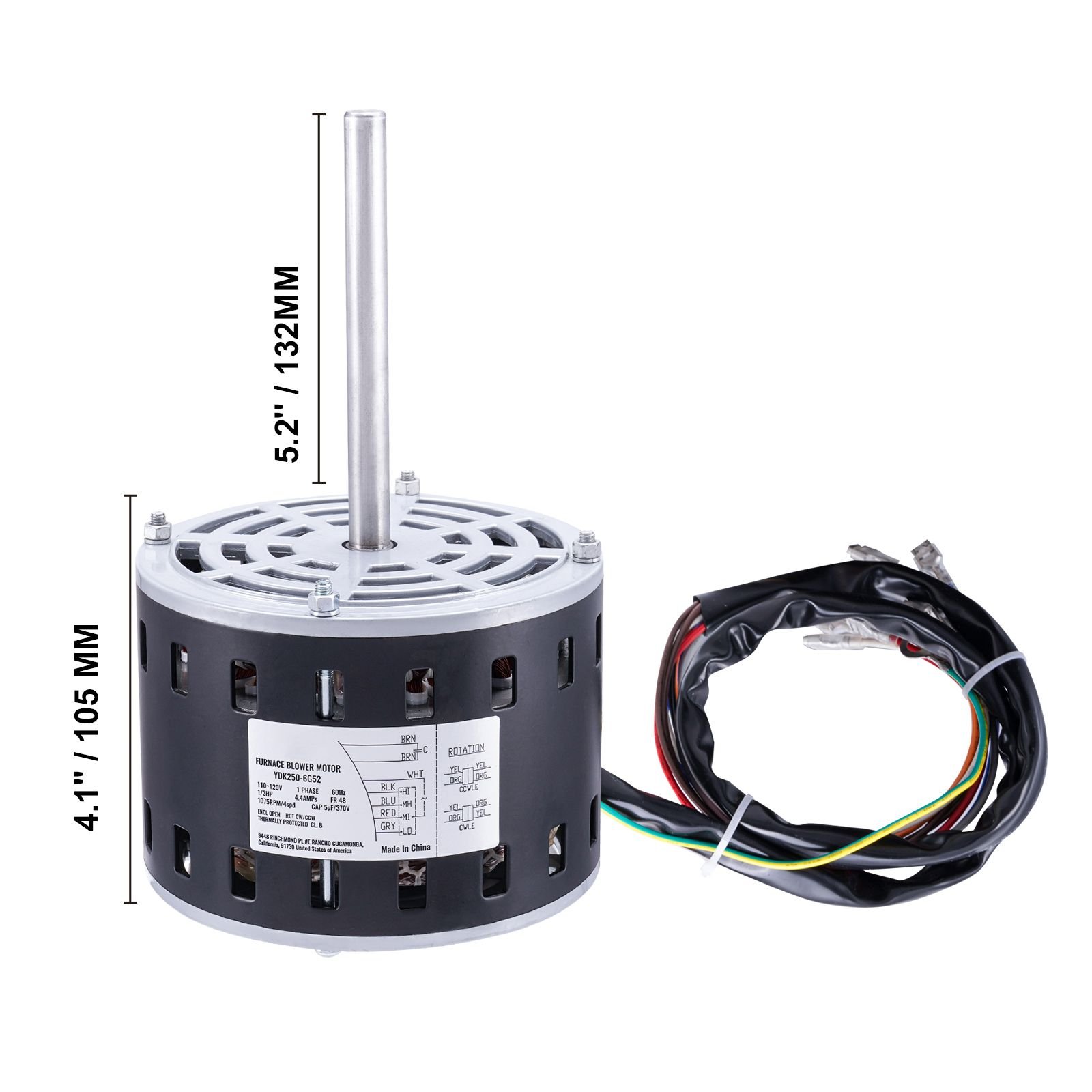 1/3hp furnace blower motor, 110/120v 4.4amps, 1075rpm 4 speeds, cw/ccw rotation, 48 frame 5.2" shaft length, 5μf/370v capacitor + 11" hold hoop