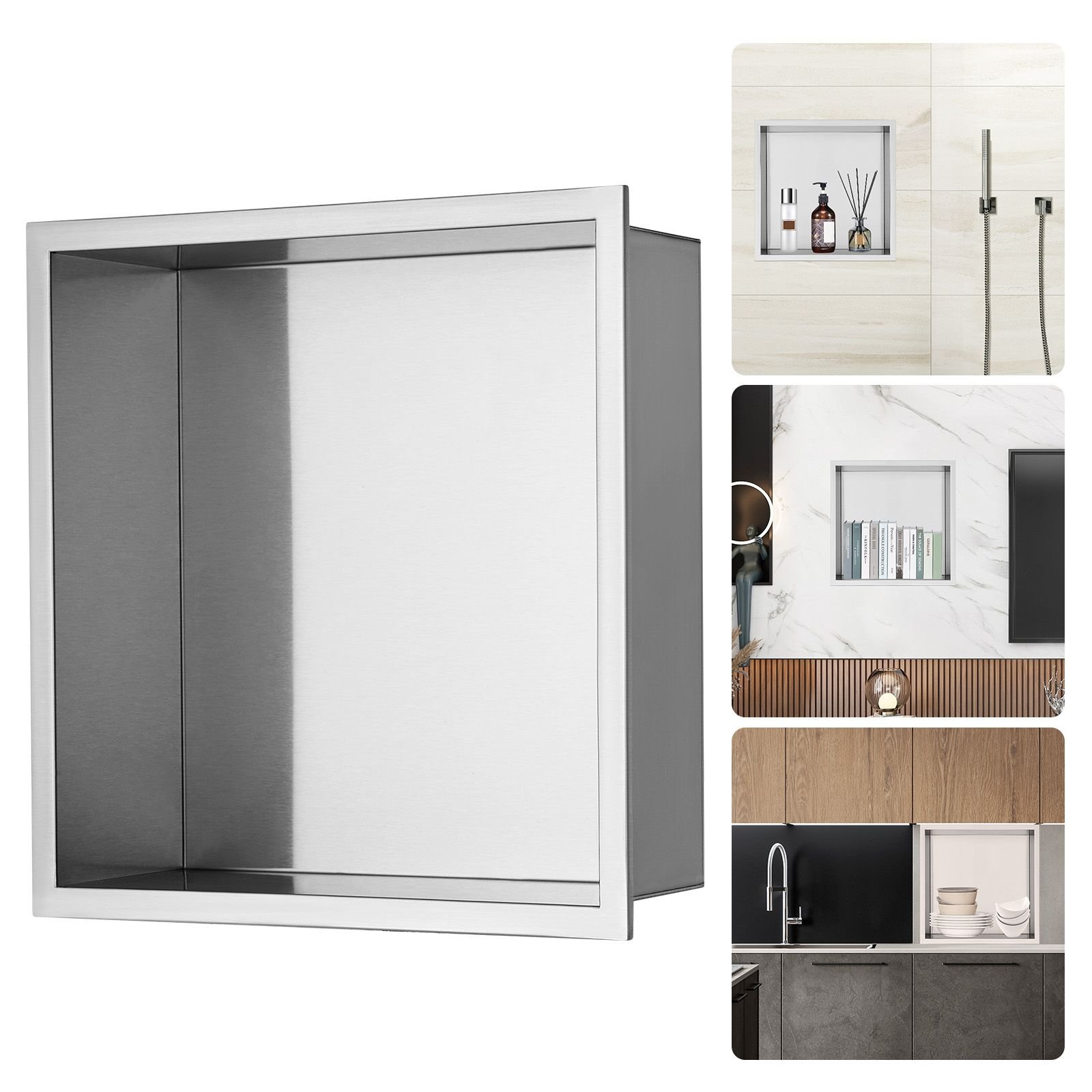 13"x13" no tile shower niche 304 stainless steel, wall inserted niche recessed double shelves, sealed waterproof rust resistant modern niche for shower bathroom soap storage, silver