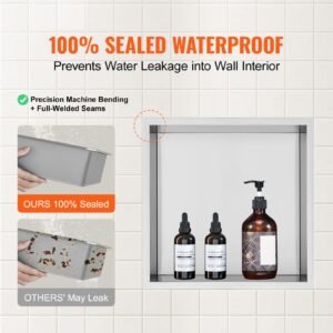 13"x13" no tile shower niche 304 stainless steel, wall inserted niche recessed double shelves, sealed waterproof rust resistant modern niche for shower bathroom soap storage, silver