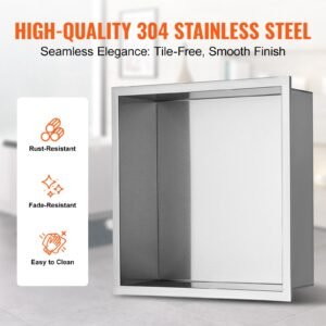13"x13" no tile shower niche 304 stainless steel, wall inserted niche recessed double shelves, sealed waterproof rust resistant modern niche for shower bathroom soap storage, silver