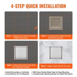 13"x13" no tile shower niche 304 stainless steel, wall inserted niche recessed double shelves, sealed waterproof rust resistant modern niche for shower bathroom soap storage, silver