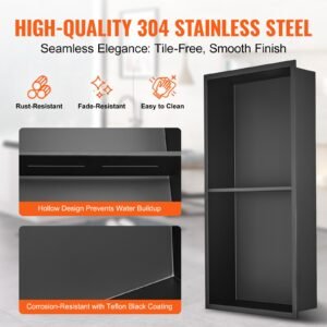 13"x25" no tile shower niche 304 stainless steel, wall inserted niche recessed double shelves, sealed waterproof rust resistant easy cleaning modern niche for shower or soap storage bathroom