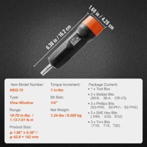 1/4" drive torque screwdriver wrench set | 10 70 in lbs torque adjustment range | 1 in lb increment torque screwdriver | driver bits set with view window, 12 bits & case, magnetic function