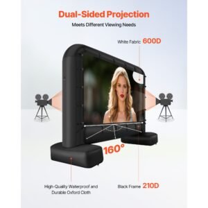 14 ft inflatable movie screen, 600d washable inflatable projector screen with portable storage bag, 16:9 easy set up movie projection for outdoor backyard, home theater, theme party, pool fun