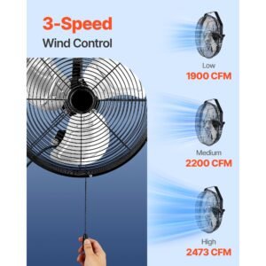 14 inch industrial wall mount fan, high velocity 2473 cfm outdoor fan with 3 speeds, waterproof ip44 garage wall fan with aluminum blades for workshop, warehouse, greenhouse