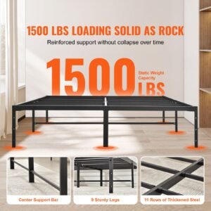 14 inch queen metal bed frame platform, no box spring needed, 1500 lbs loading capacity embedded heavy duty mattress foundation with steel slat support, easy assembly, noise free