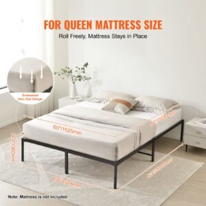 14 inch queen metal bed frame platform, no box spring needed, 1500 lbs loading capacity embedded heavy duty mattress foundation with steel slat support, easy assembly, noise free
