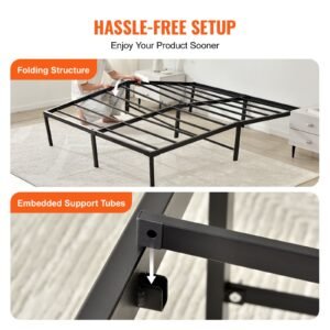 14 inch queen metal bed frame platform, no box spring needed, 1500 lbs loading capacity embedded heavy duty mattress foundation with steel slat support, easy assembly, noise free