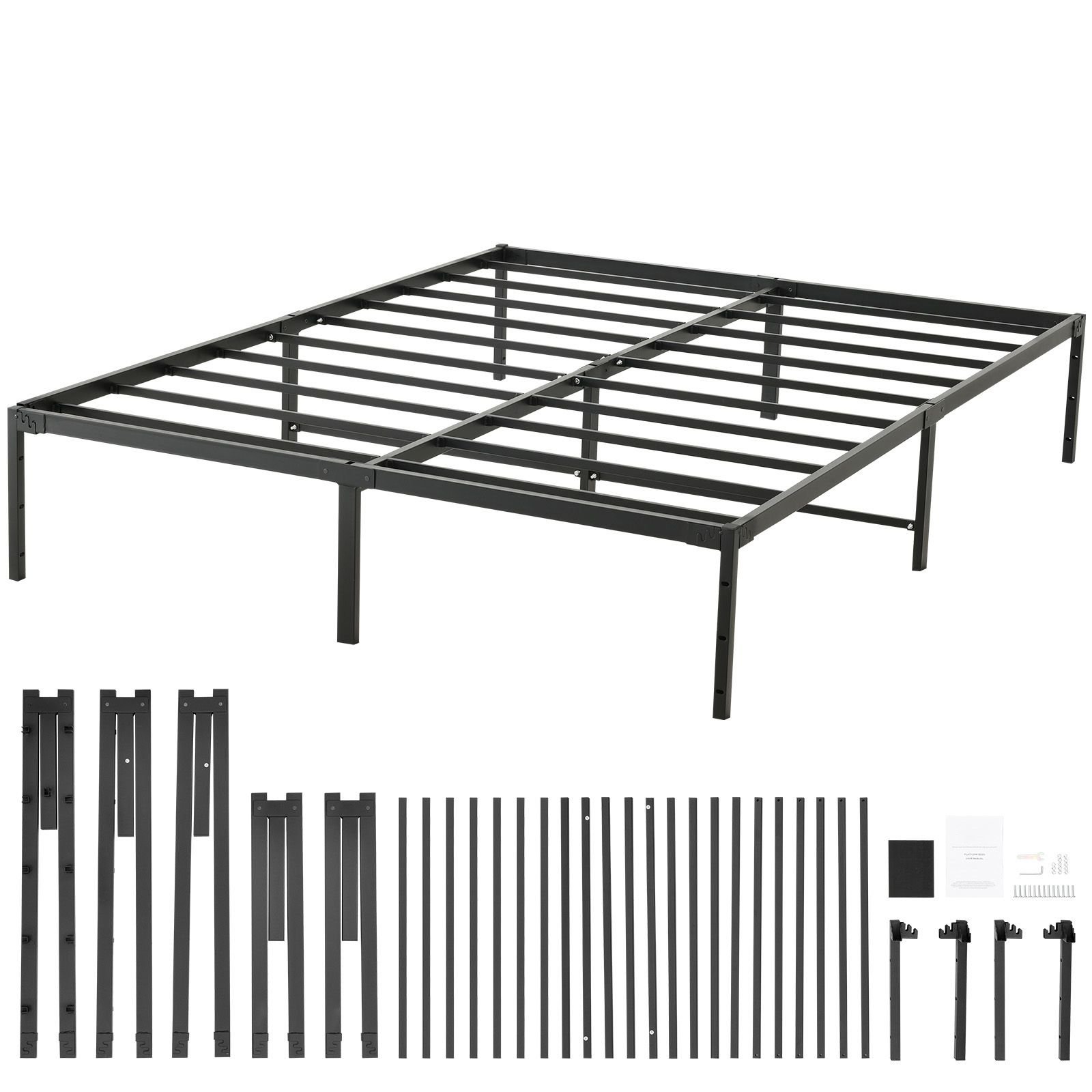 14 inch queen metal bed frame platform, no box spring needed, 1500 lbs loading capacity embedded heavy duty mattress foundation with steel slat support, easy assembly, noise free