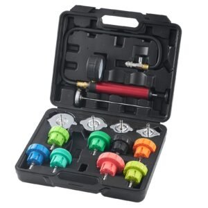 14 pcs universal radiator pressure tester kit, coolant pressure tester kit with manual pump and color coded steel test cap adapters, with toolbox, for cars motorcycles trucks cooling system