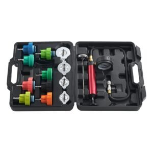14 pcs universal radiator pressure tester kit, coolant pressure tester kit with manual pump and color coded steel test cap adapters, with toolbox, for cars motorcycles trucks cooling system