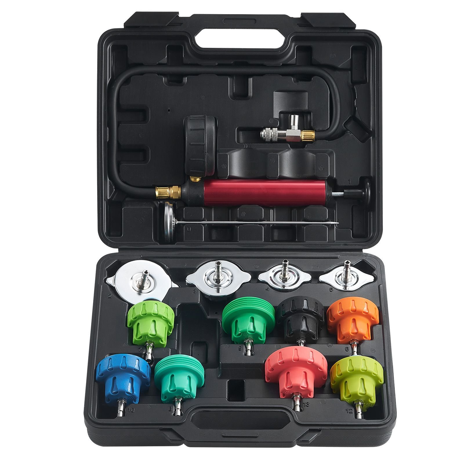 14 pcs universal radiator pressure tester kit, coolant pressure tester kit with manual pump and color coded steel test cap adapters, with toolbox, for cars motorcycles trucks cooling system