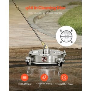 14" pressure washer surface cleaner, stainless steel pressure washer attachments with 4 wheels, 4000 max psi, 1/4 quick connector, 2 spray nozzles, 2 extended wands for concrete, patio, deck