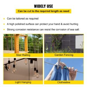 1/4" stainless steel cable 200ft, t304 7x19 tighter core cable railing system wire rope aircraft deck railing kit fence wire