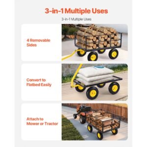 1400 lbs steel garden cart, heavy duty pullable garden wagon yard cart, 2 in 1 outdoor metal utility wagon yard trailer with 13" all terrain tires, mesh removable sides and 180°rotating handle