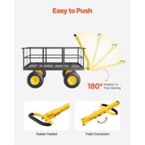 1400 lbs steel garden cart, heavy duty pullable garden wagon yard cart, 2 in 1 outdoor metal utility wagon yard trailer with 13" all terrain tires, mesh removable sides and 180°rotating handle