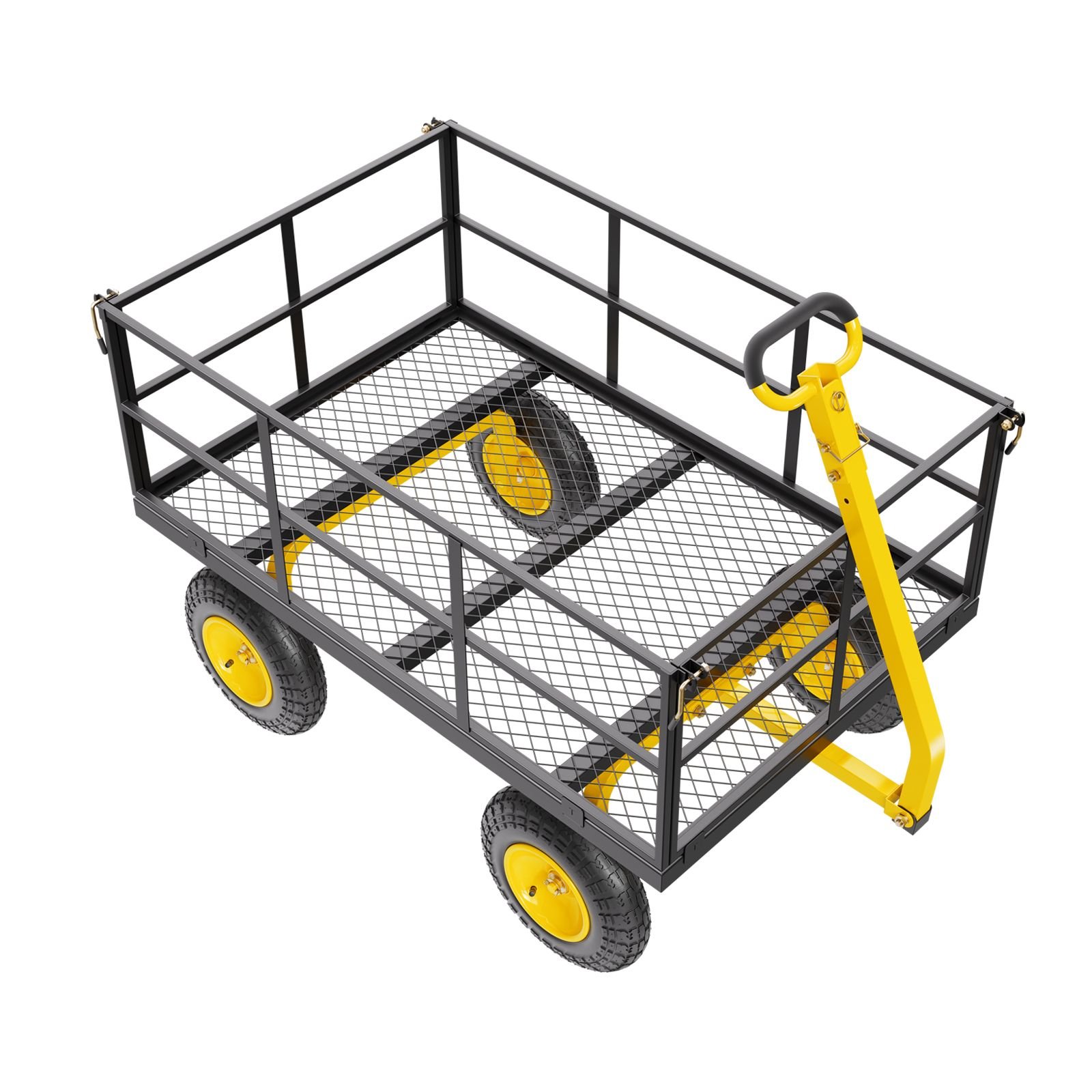 1400 lbs steel garden cart, heavy duty pullable garden wagon yard cart, 2 in 1 outdoor metal utility wagon yard trailer with 13" all terrain tires, mesh removable sides and 180°rotating handle