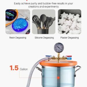 1.5 gallon vacuum chamber and 3.5 cfm pump kit, stainless steel chamber, single stage vacuum pump degassing chamber kit, with acrylic lid, oil, 4.92 ft hose, for degassing resin silicone epoxies