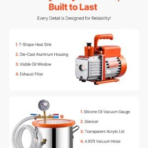 1.5 gallon vacuum chamber and 3.5 cfm pump kit, stainless steel chamber, single stage vacuum pump degassing chamber kit, with acrylic lid, oil, 4.92 ft hose, for degassing resin silicone epoxies