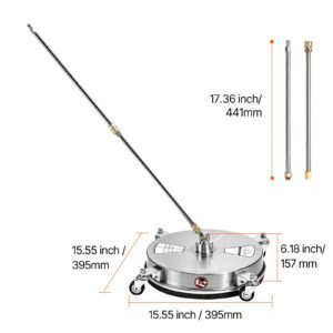 15" pressure washer surface cleaner, stainless steel pressure washer attachments with 4 wheels, 4000 max psi, 1/4 quick connector, 2 spray nozzles, 2 extended wands for concrete, patio, deck