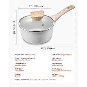 1.5 qt saucepan, nonstick saucepan with tempered glass lid, multipurpose cooking sauce pot with detachable handle, sauce pan small kitchen cooking pot with coating, induction compatible, white