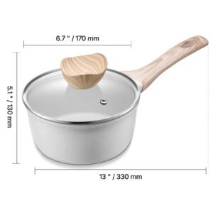 1.5 qt saucepan, nonstick saucepan with tempered glass lid, multipurpose cooking sauce pot with detachable handle, sauce pan small kitchen cooking pot with coating, induction compatible, white