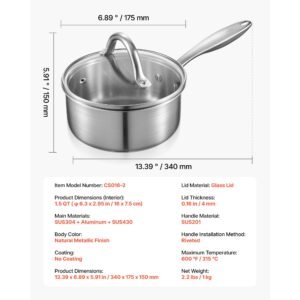 1.5 qt saucepan, stainless steel saucepan with glass lid, multipurpose nonstick stainless steel small cooking sauce pot with ergonomic handle, friendly for oven, dishwasher, induction cooker