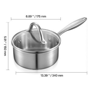 1.5 qt saucepan, stainless steel saucepan with glass lid, multipurpose nonstick stainless steel small cooking sauce pot with ergonomic handle, friendly for oven, dishwasher, induction cooker
