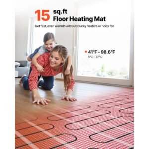 15 sqft self adhesive mesh floor heating mat system, 120v electric radiant heated floor system, with smart control thermostat & alarm, easy installation for tile, stone, vinyl