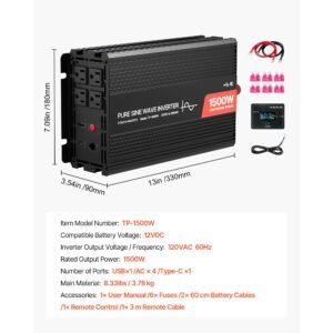 1500w power inverter, 12v dc to 120v ac pure sine wave inverter, car charger converter with remote control, usb & type c ports, 4 ac outlets, fast charging for rv, truck outdoor camping