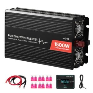 1500w power inverter, 12v dc to 120v ac pure sine wave inverter, car charger converter with remote control, usb & type c ports, 4 ac outlets, fast charging for rv, truck outdoor camping