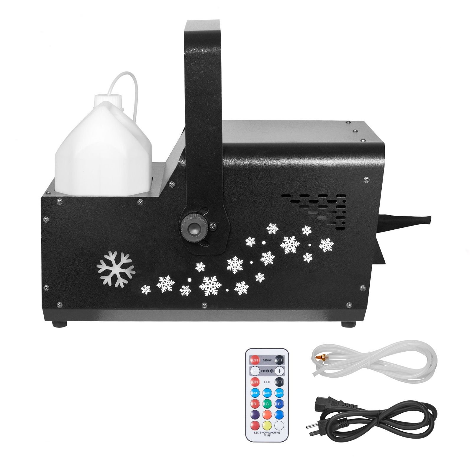 1500w snow machine with rgb dmx512 signal control, 9 led lights, wireless remote, high output snowflake machine with 5l tank, portable dj stage snow maker for christmas parties stage effects