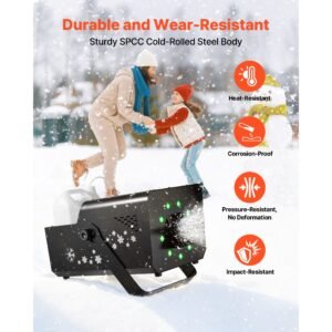 1500w snow machine with rgb dmx512 signal control, 9 led lights, wireless remote, high output snowflake machine with 5l tank, portable dj stage snow maker for christmas parties stage effects
