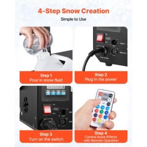 1500w snow machine with rgb dmx512 signal control, 9 led lights, wireless remote, high output snowflake machine with 5l tank, portable dj stage snow maker for christmas parties stage effects