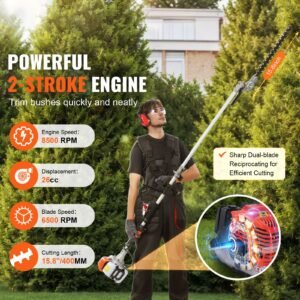 15.7 inch 26cc 2 cycle gas hedge trimmer, gas powered pole hedge trimmer with dual sided dual action blade, 270° adjustable trimmer head, suitable for trimming shrubs, bushes