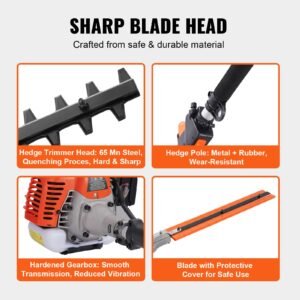 15.7 inch 26cc 2 cycle gas hedge trimmer, gas powered pole hedge trimmer with dual sided dual action blade, 270° adjustable trimmer head, suitable for trimming shrubs, bushes