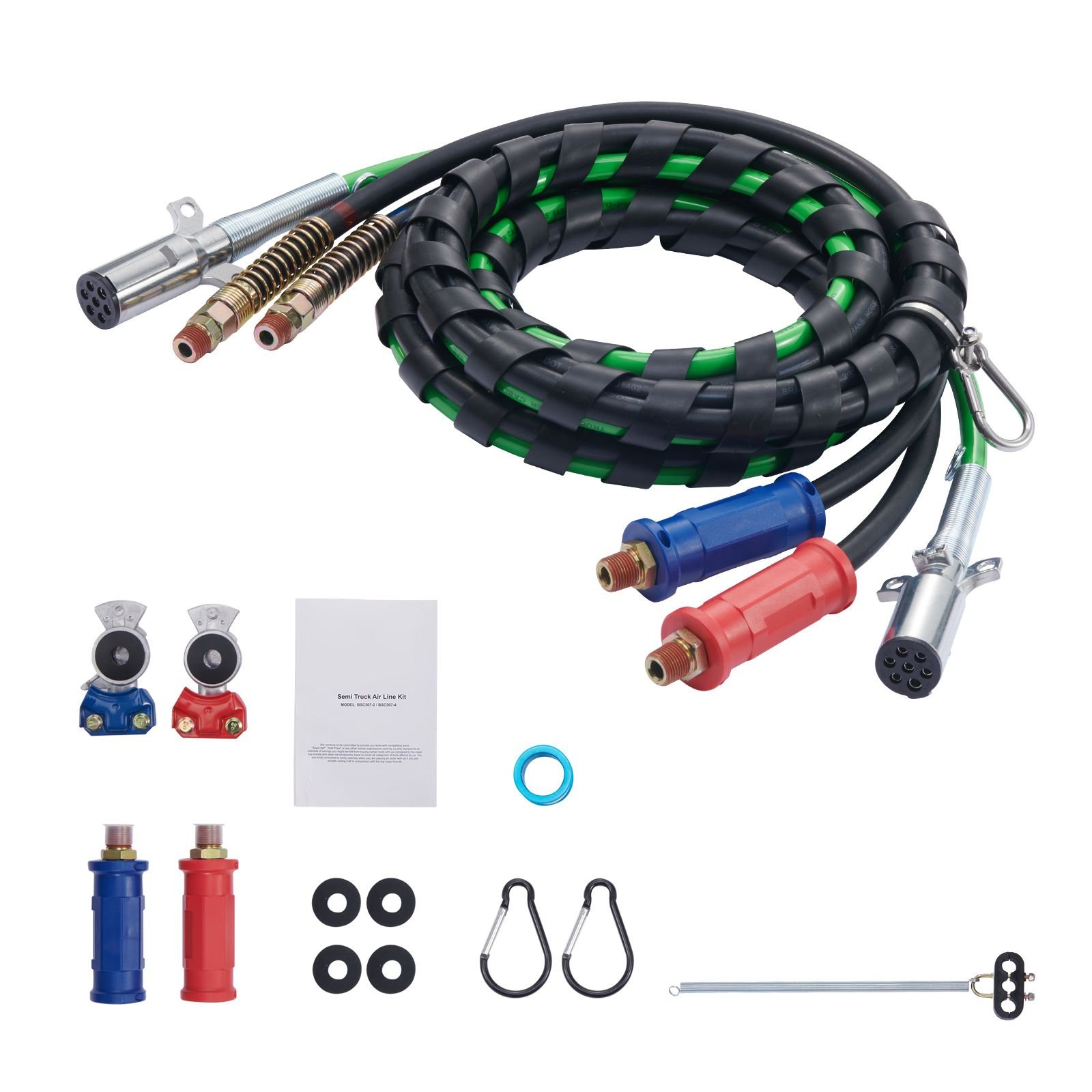 15ft semi truck air lines kit with 2pcs glad hands, 3 in 1 air hoses & 7 way abs electric power line, with 2pcs gladhand handles, 4pcs seals and tender spring kit for semi truck trailer tractor