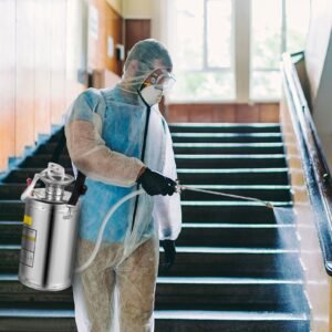 1.5gal stainless steel sprayer, set with 16" wand& handle& 3.3ft reinforced hose, hand pump sprayer with pressure gauge&safety valve, adjustable nozzle suitable for gardening& sanitizing