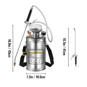 1.5gal stainless steel sprayer, set with 16" wand& handle& 3.3ft reinforced hose, hand pump sprayer with pressure gauge&safety valve, adjustable nozzle suitable for gardening& sanitizing