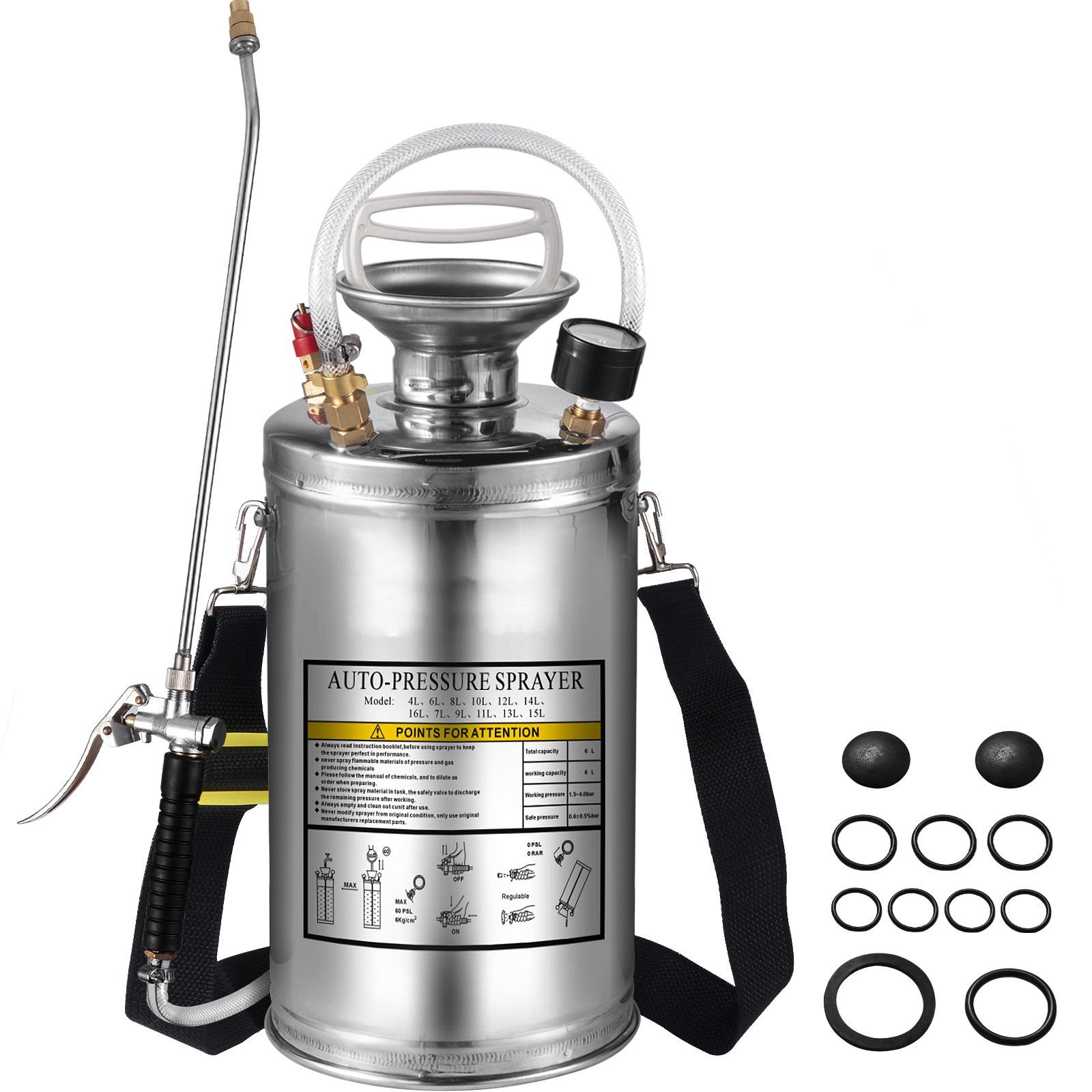 1.5gal stainless steel sprayer, set with 16" wand& handle& 3.3ft reinforced hose, hand pump sprayer with pressure gauge&safety valve, adjustable nozzle suitable for gardening& sanitizing