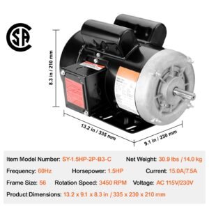1.5hp electric motor 3450 rpm, ac 115v/230v, 56 frame, air compressor motor single phase, 5/8" keyed shaft, cw/ccw rotation for agricultural machinery and general equipment