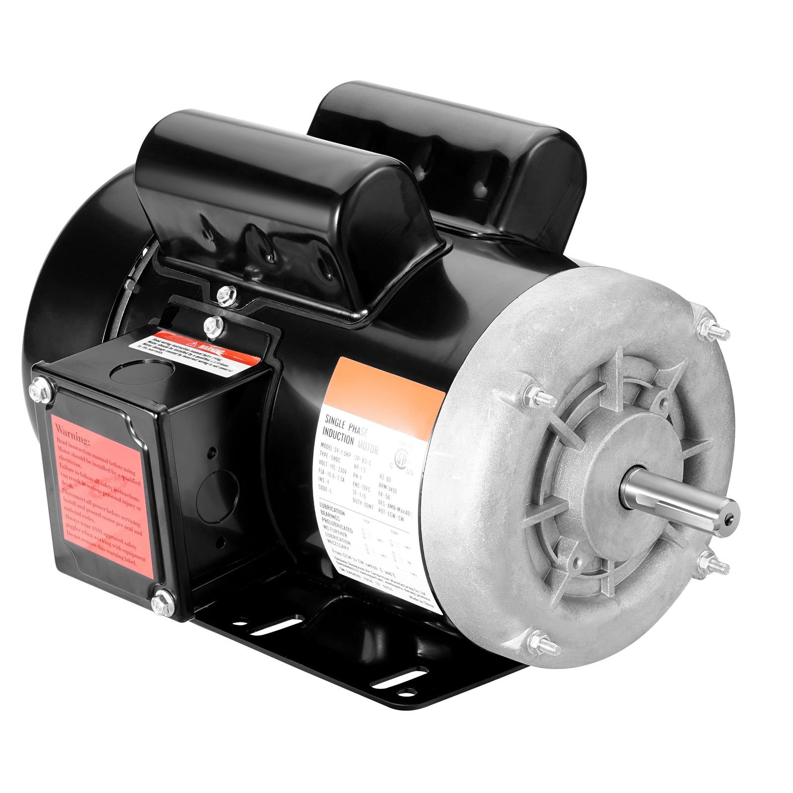 1.5hp electric motor 3450 rpm, ac 115v/230v, 56 frame, air compressor motor single phase, 5/8" keyed shaft, cw/ccw rotation for agricultural machinery and general equipment
