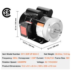 1.5hp electric motor 3450 rpm, ac 115v/230v, 56c frame, air compressor motor single phase, 5/8" keyed shaft, cw/ccw rotation for agricultural machinery and general equipment