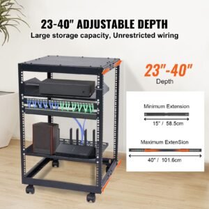 15u open frame server rack, 23 40 in adjustable depth, free standing or wall mount network server rack, 4 post av rack with casters, holds all your networking it equipment av gear router modem