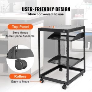 15u open frame server rack, 23 40 in adjustable depth, free standing or wall mount network server rack, 4 post av rack with casters, holds all your networking it equipment av gear router modem